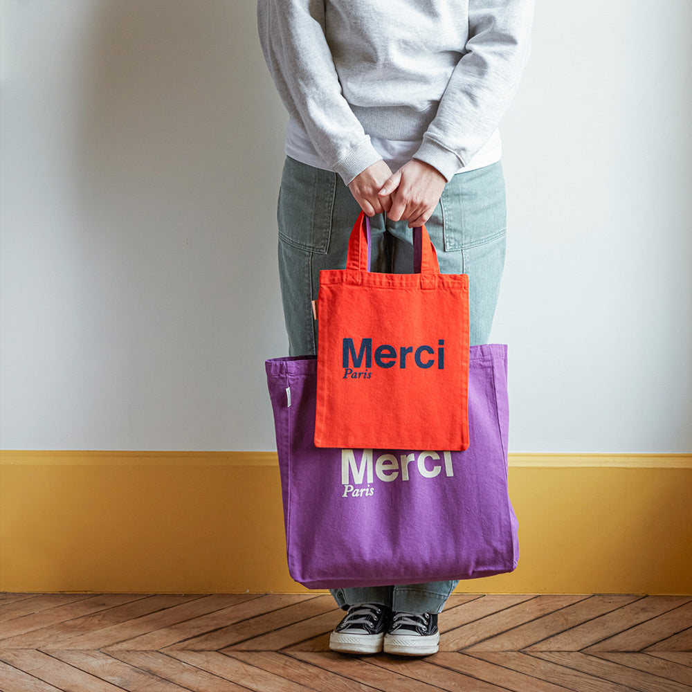 MERCI - TOTE BAG EN COTON - ORANGE & BLEU MARINE