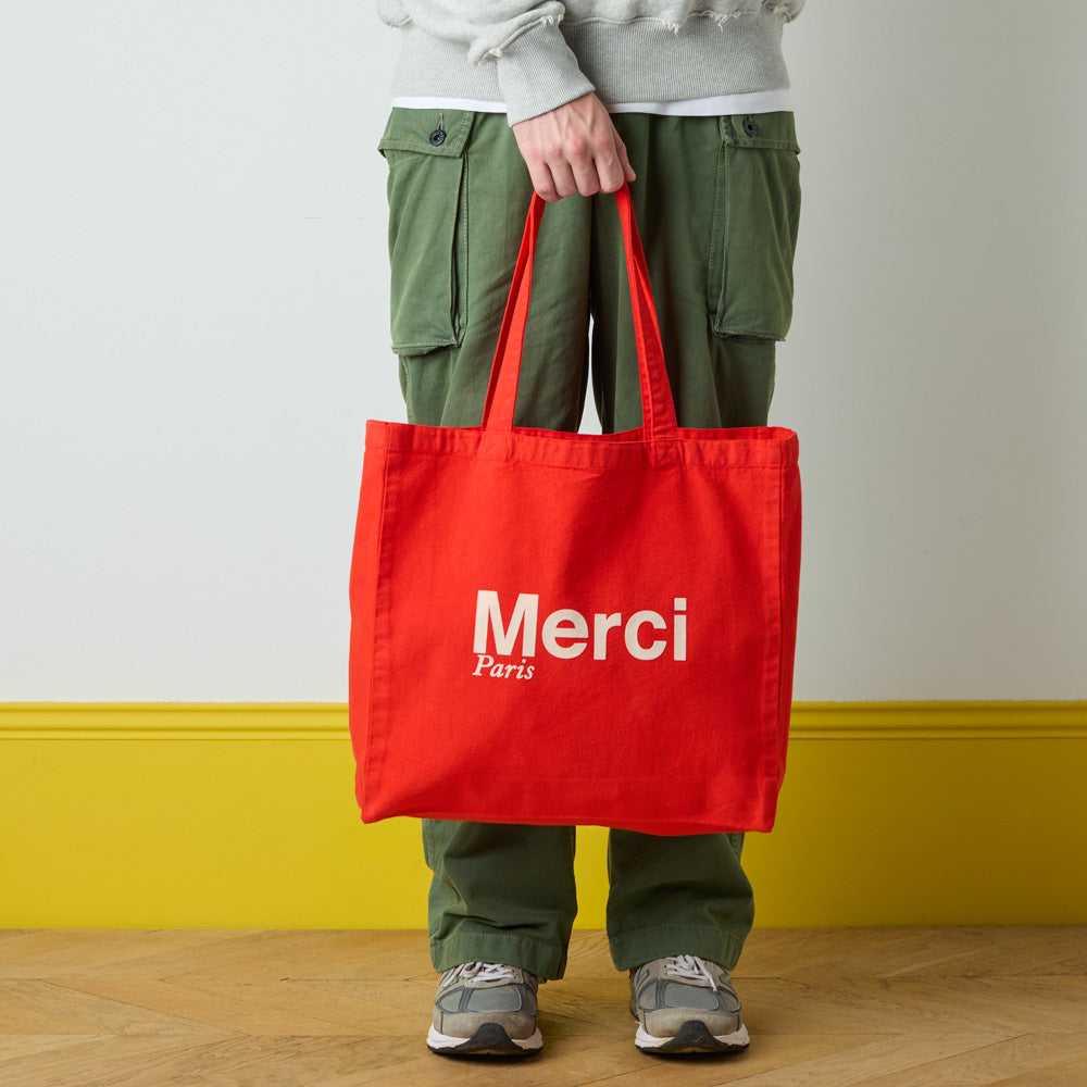MERCI - TOTE BAG EN COTON - ROUGE & ECRU