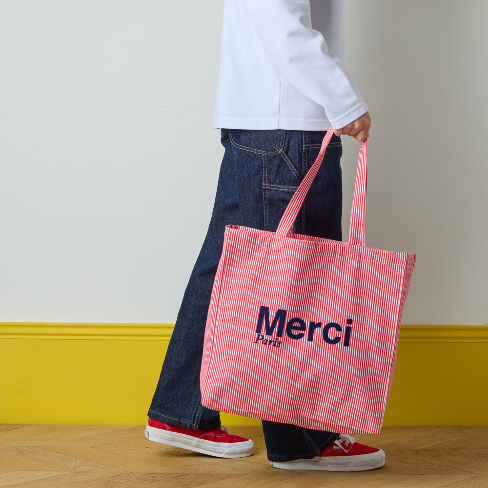 MERCI - TOTE BAG EN COTON HICKORY - ROUGE
