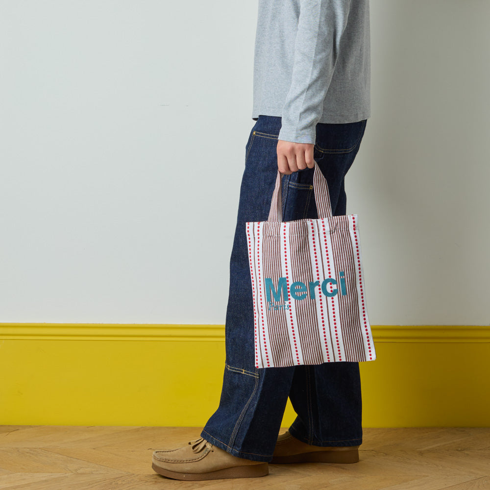 MERCI - TOTE BAG EN COTON HICKORY - ROUGE BLEU & MARRON