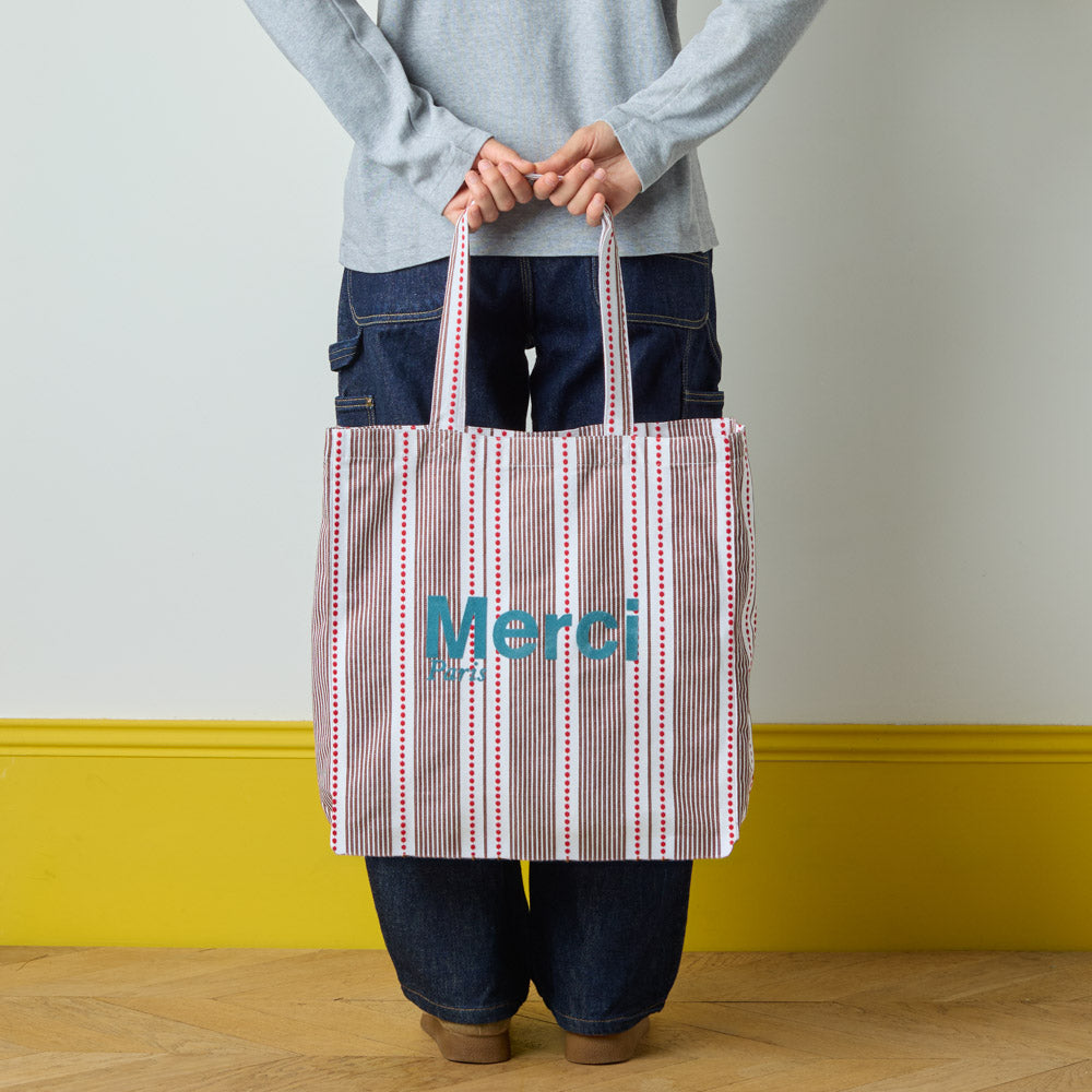 MERCI - TOTE BAG EN COTON HICKORY - ROUGE BLEU & MARRON