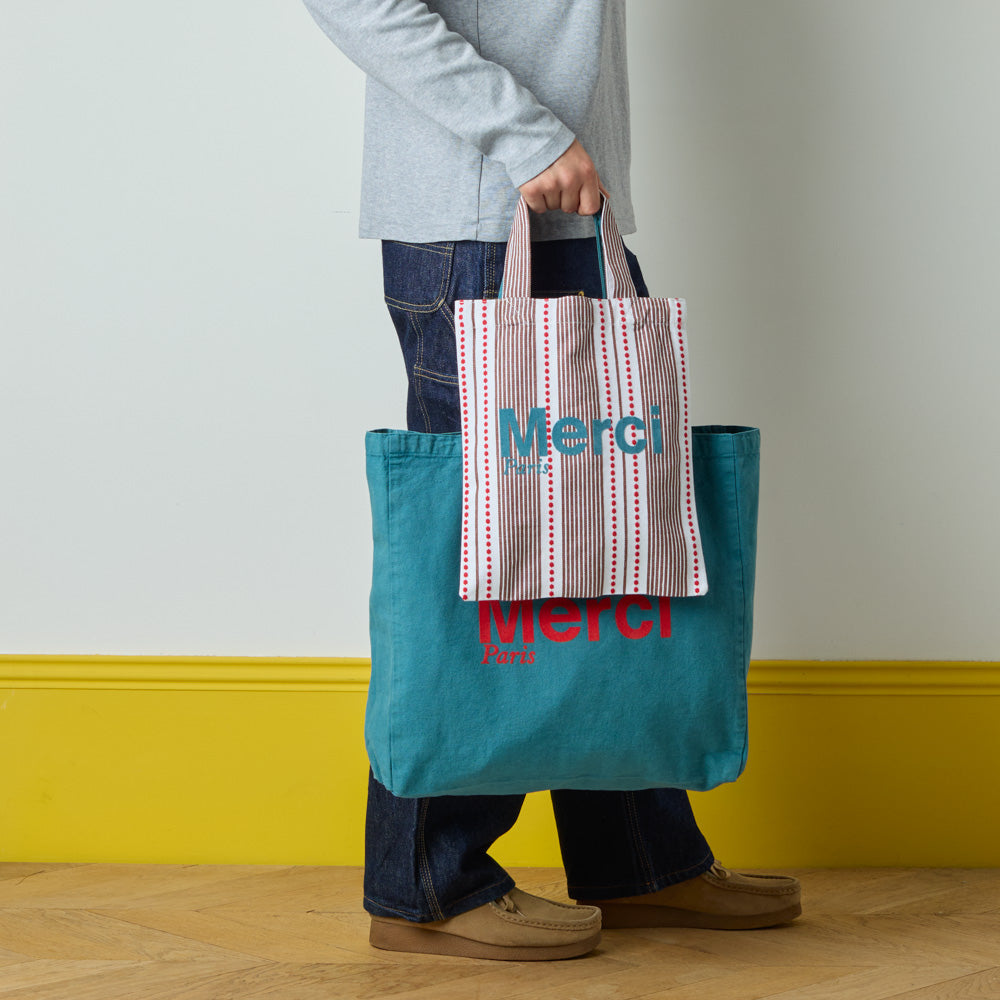 MERCI - TOTE BAG EN COTON HICKORY - ROUGE BLEU & MARRON