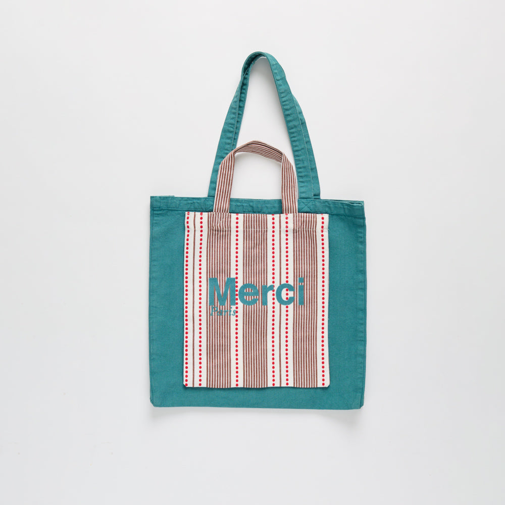 MERCI - TOTE BAG EN COTON HICKORY - ROUGE BLEU & MARRON