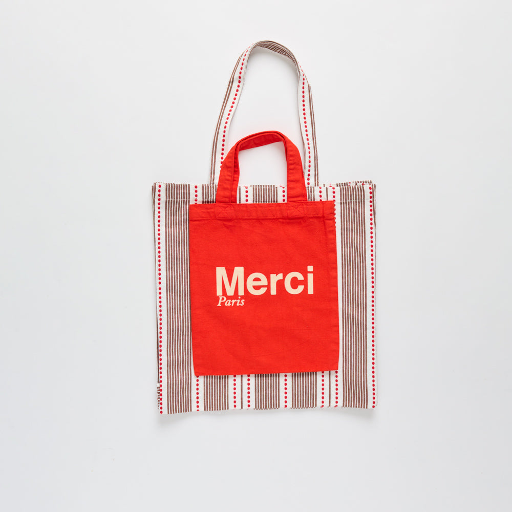 MERCI - TOTE BAG EN COTON - ROUGE & ECRU