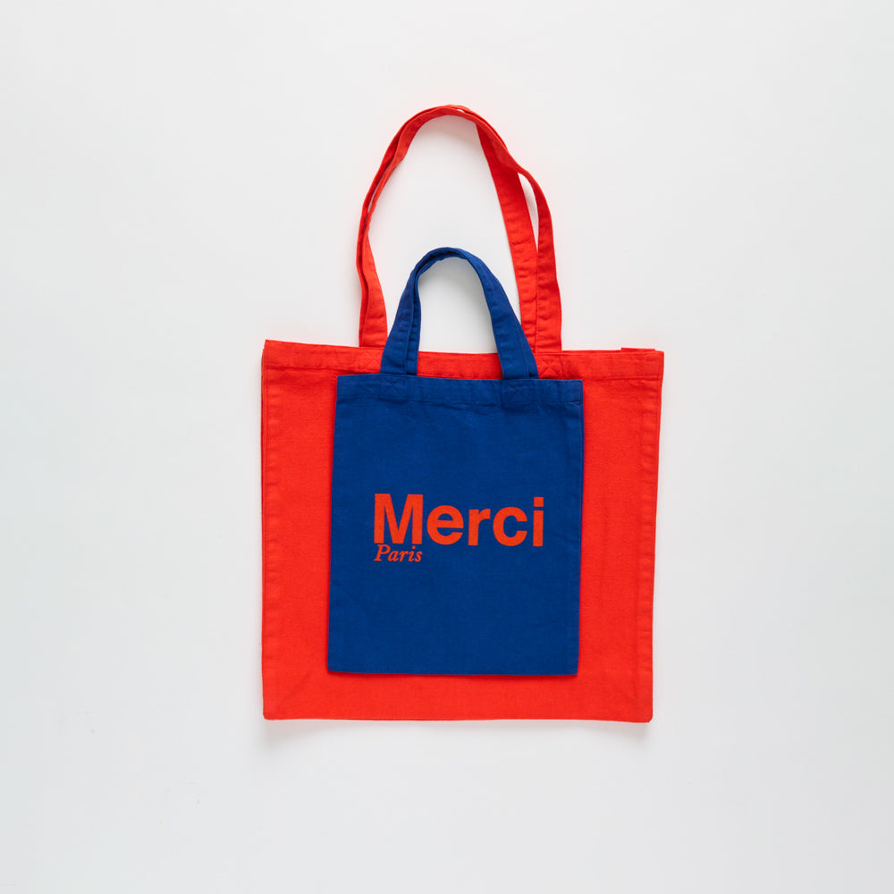 MERCI - TOTE BAG EN COTON - MARINE & ORANGE