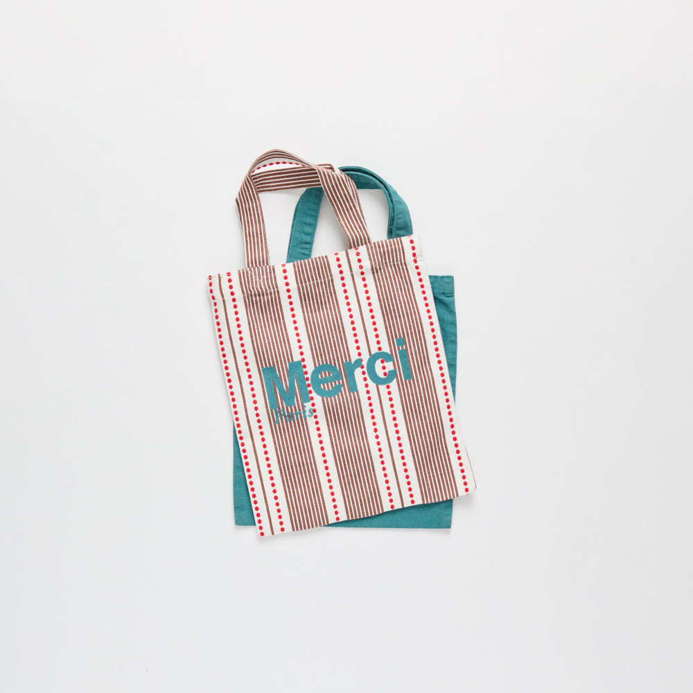 MERCI - TOTE BAG EN COTON HICKORY - ROUGE BLEU & MARRON