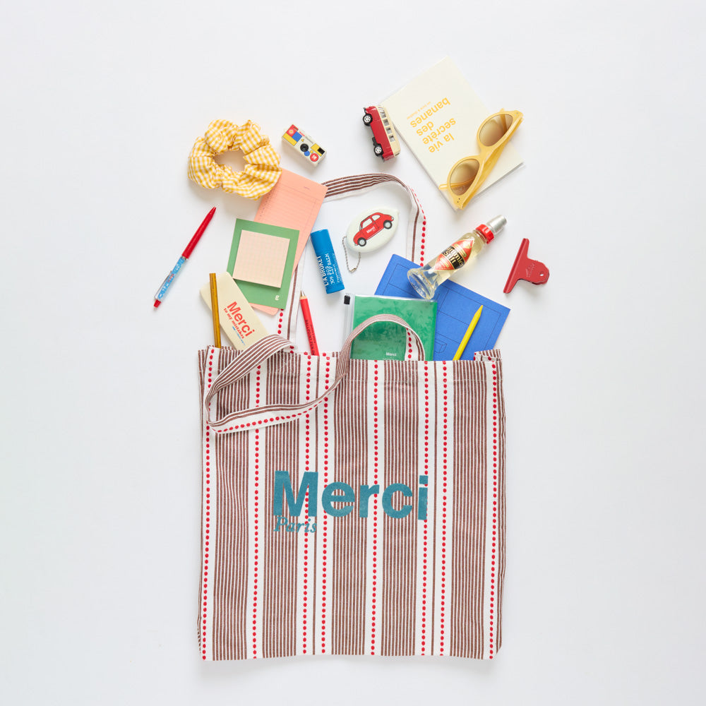 MERCI - TOTE BAG EN COTON HICKORY - ROUGE BLEU & MARRON