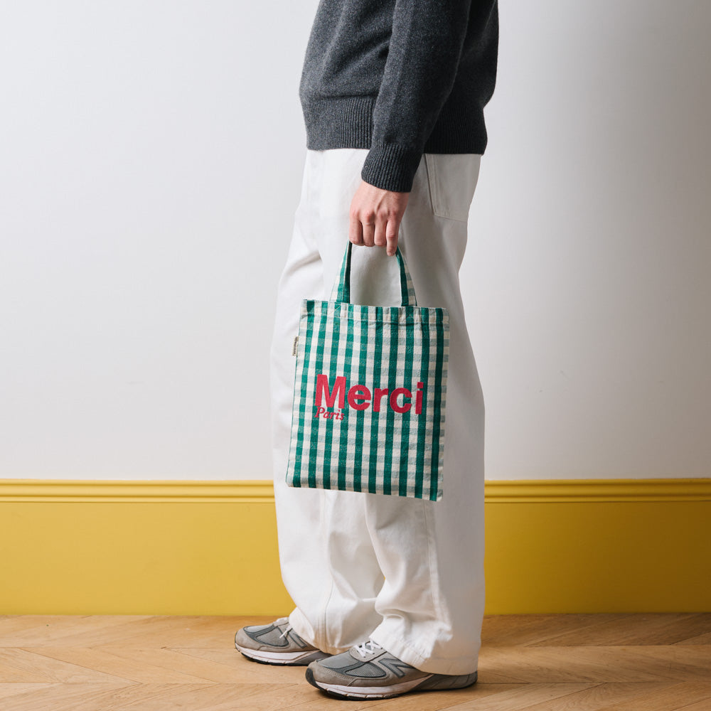MERCI - TOTE BAG EN COTON - VERT, CRÈME & ROSE