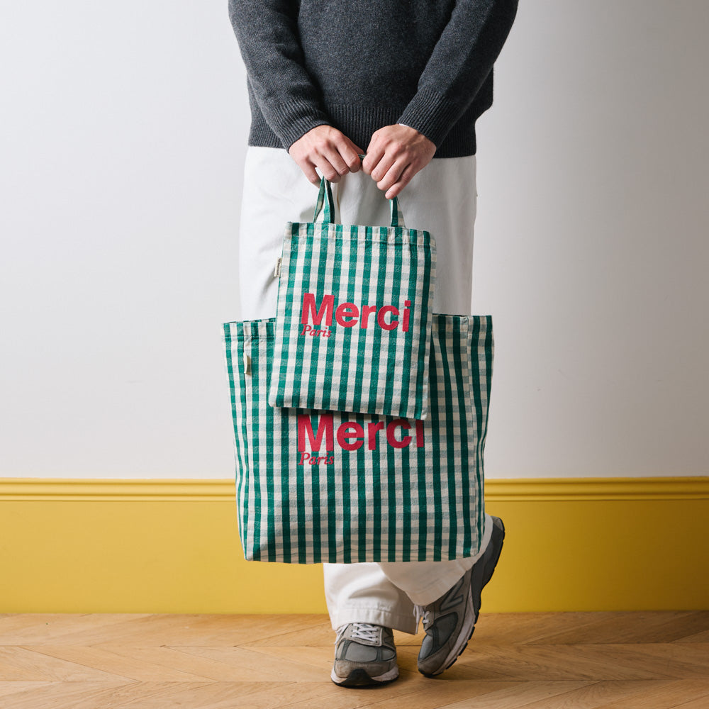 MERCI - TOTE BAG EN COTON - VERT, CRÈME & ROSE