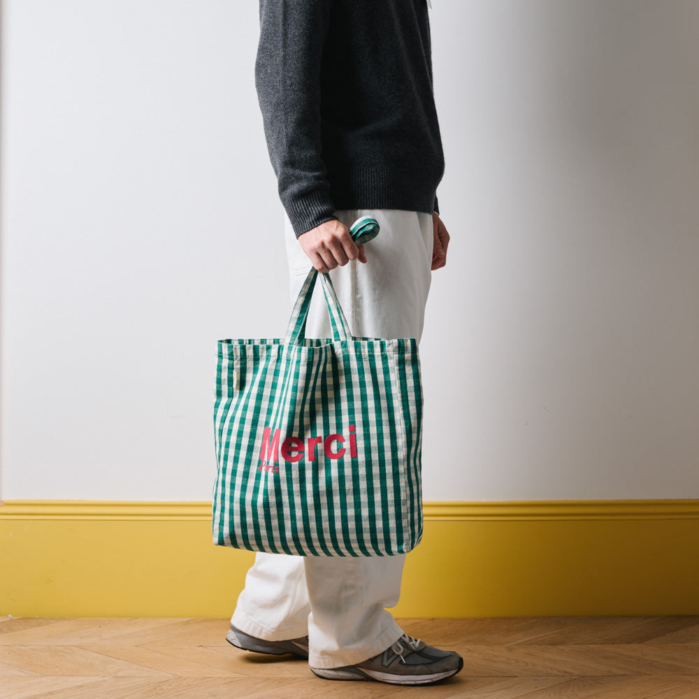 MERCI - TOTE BAG EN COTON - VERT, CRÈME & ROSE